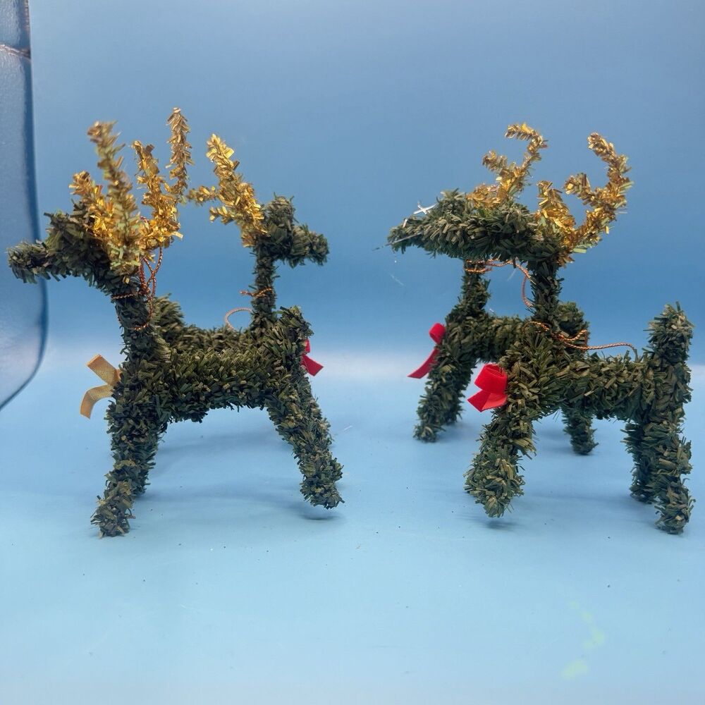 Lot of 4 Christmas Reindeer Ornaments Green Gold Antlers Red Bows Holiday Decor